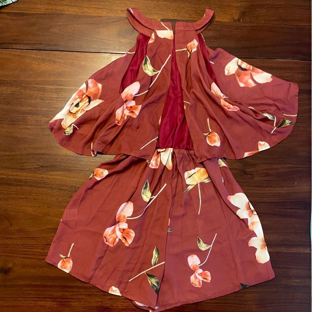 Floral Wine Colored Spring Romper Medium - Picture 4 of 6